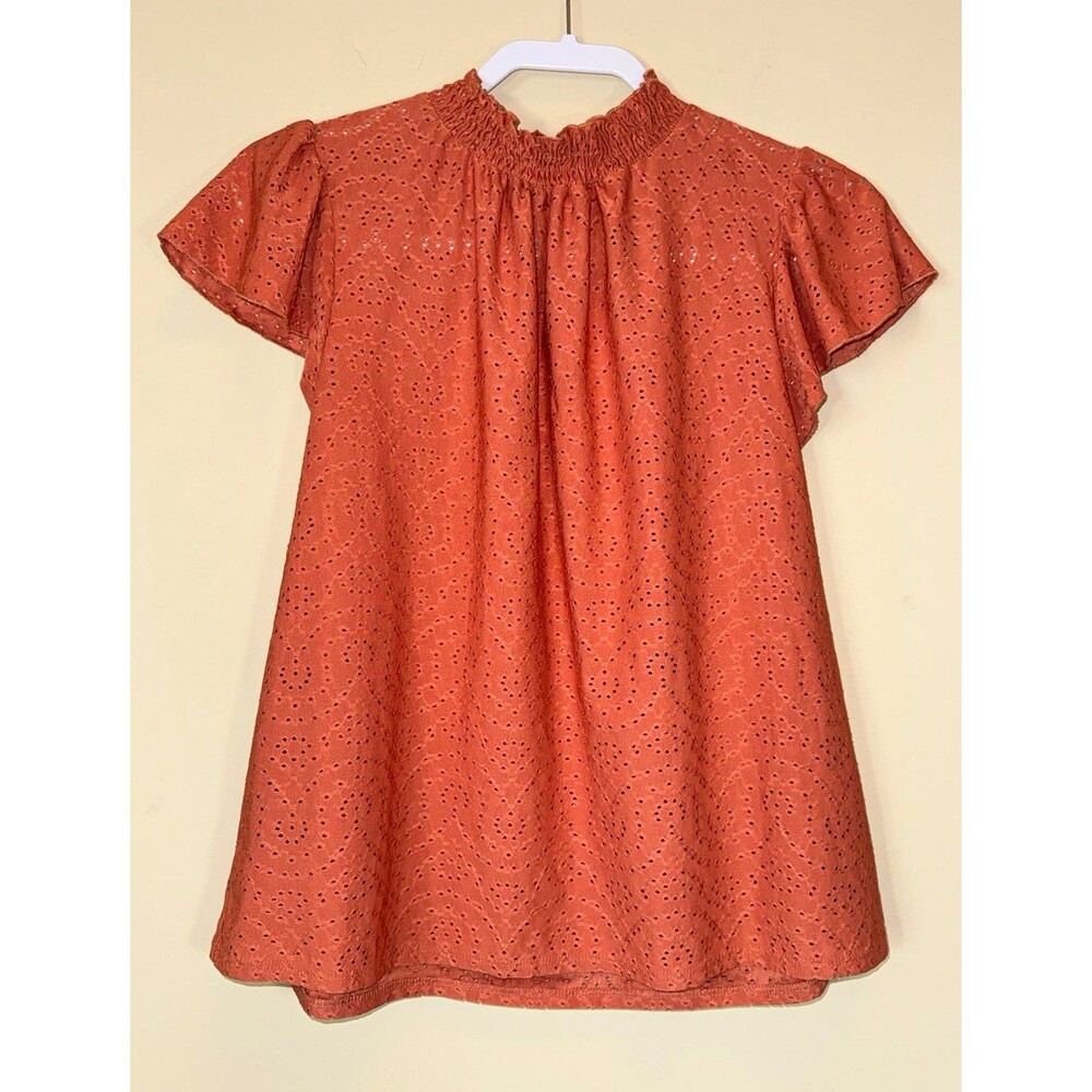 W5 Rust Eyelet Smocked Mock Neck Flutter Short Sleeve Blouse Top Women